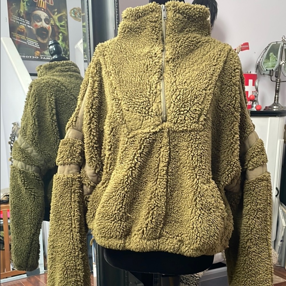 Free People Olive Green Sherpa Pullover, half zip.